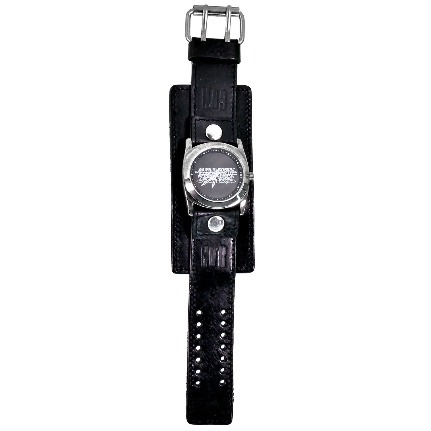 Guns N Roses Leather Band Wrist Watch Triple Wide Silver Rings