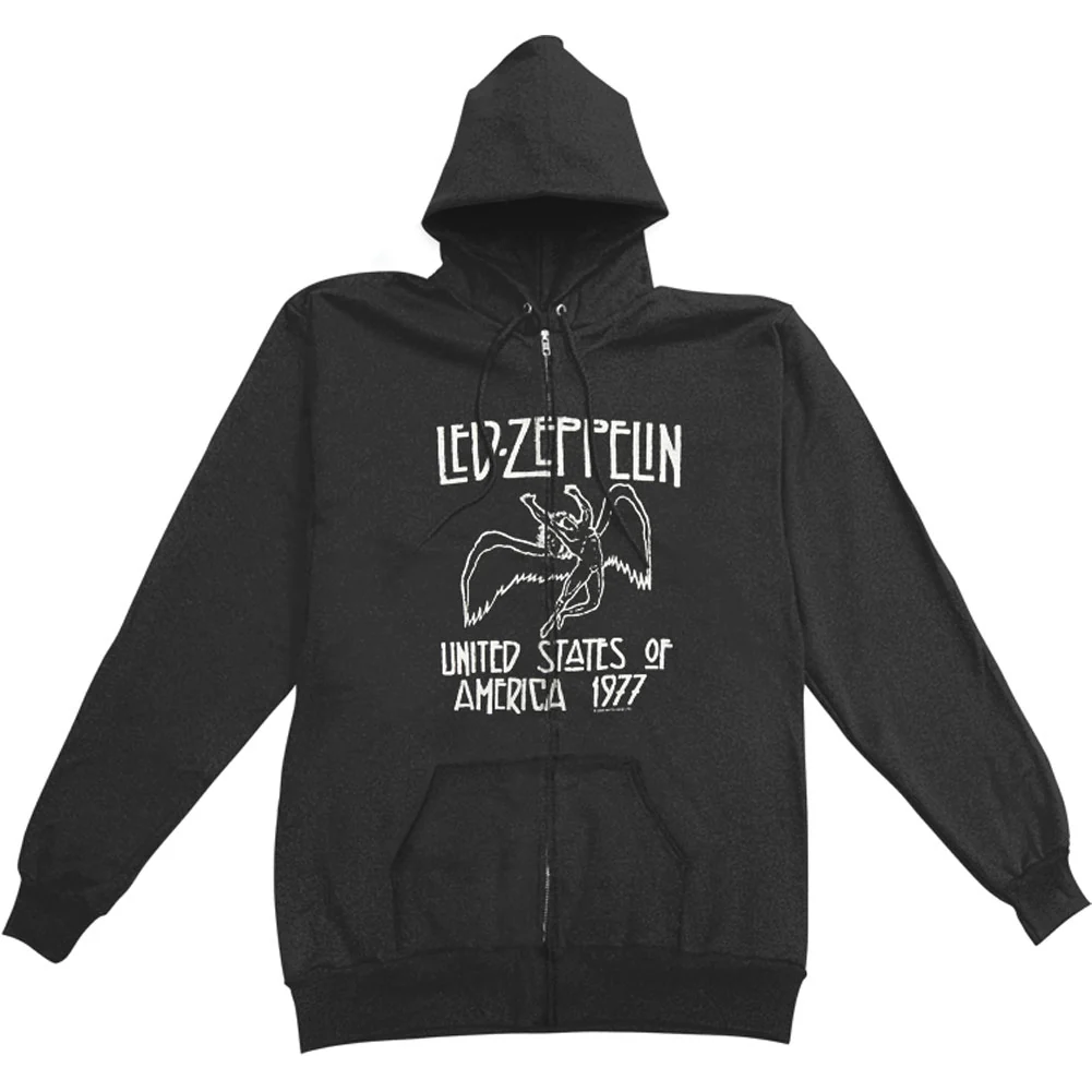 Led Zeppelin Us 77 Distressed Zip Zippered Hooded Sweatshirt