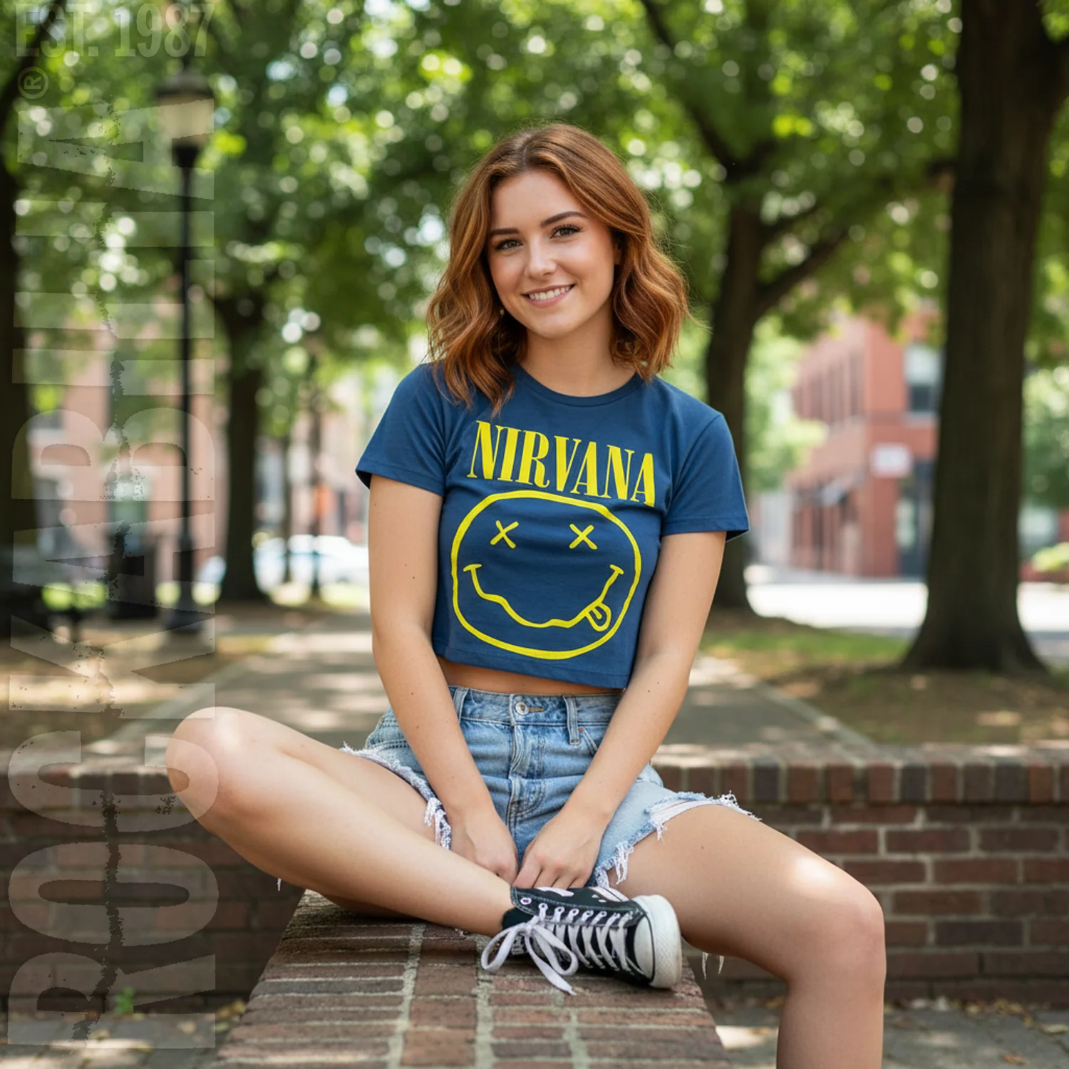 Nirvana Yellow Smiley Flower Sniffin Ladies Crop Top Junior Top - Image 3