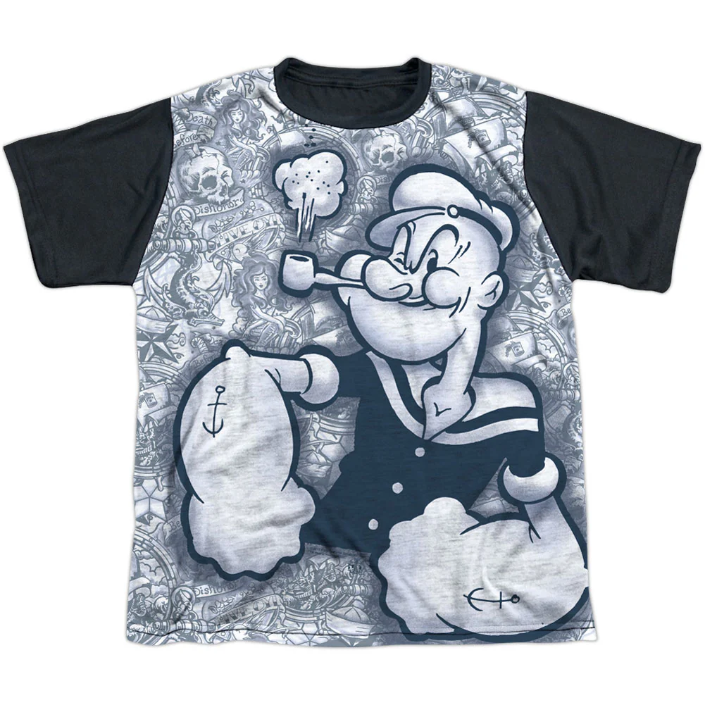 Popeye Tattooed Sailor Youth Black Back 100% Poly Sublimation T-shirt